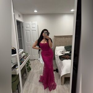 Elegant Pink Evening Gown Camille La Vie Glittery Magenta